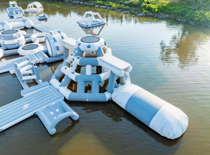 Lake Days inflatable trampoline tower on Lake Eufaula at sunset Lake Days inflatable trampoline tower on Lake Eufaula at sunset